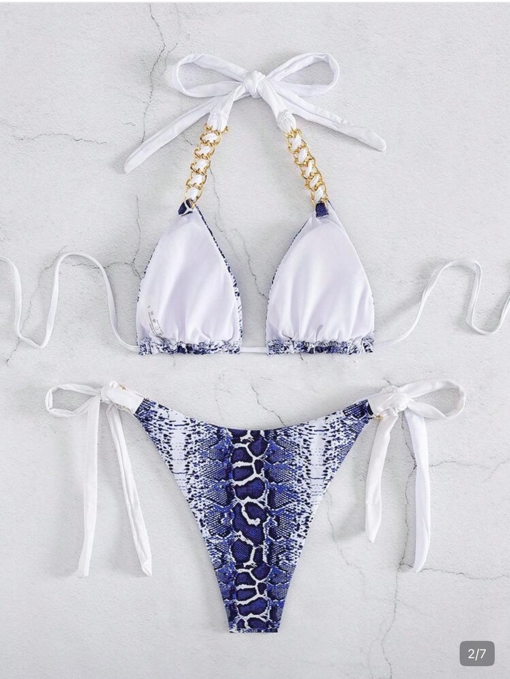 SHEIN Blue Snake-Print Tie-Side Bikini with Gold Chain Straps - Picture 2 of 5